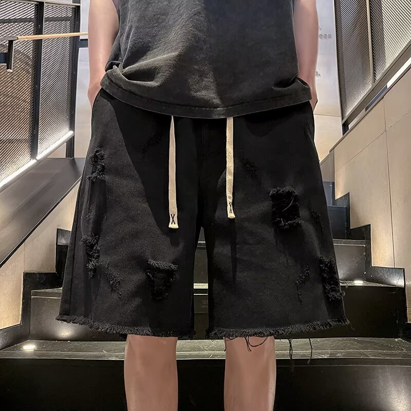 Vintage High Street Frayed Washed Denim Shorts for Men & Women, Trendy Loose Straight Casual Summer Five-Point Shorts Vintage High Street Frayed Washed Denim Shorts for Men & Women, Trendy Loose Straight Casual Summer Five-Point Shorts