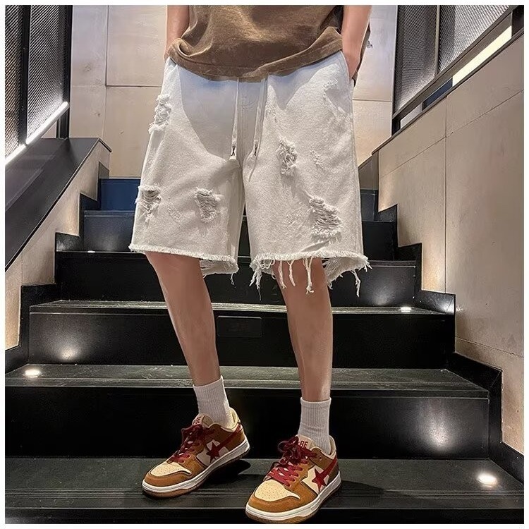 Vintage High Street Frayed Washed Denim Shorts for Men & Women, Trendy Loose Straight Casual Summer Five-Point Shorts Vintage High Street Frayed Washed Denim Shorts for Men & Women, Trendy Loose Straight Casual Summer Five-Point Shorts