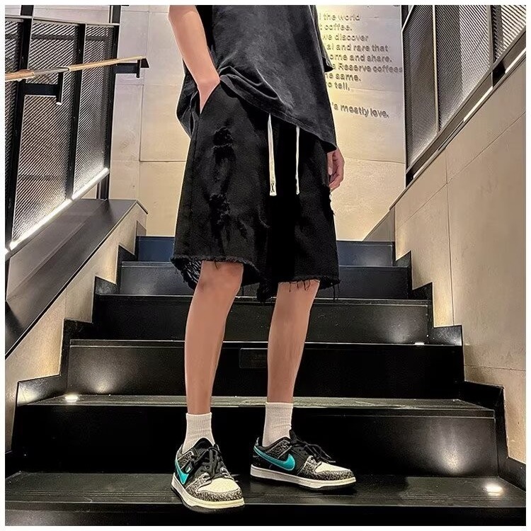 Vintage High Street Frayed Washed Denim Shorts for Men & Women, Trendy Loose Straight Casual Summer Five-Point Shorts Vintage High Street Frayed Washed Denim Shorts for Men & Women, Trendy Loose Straight Casual Summer Five-Point Shorts