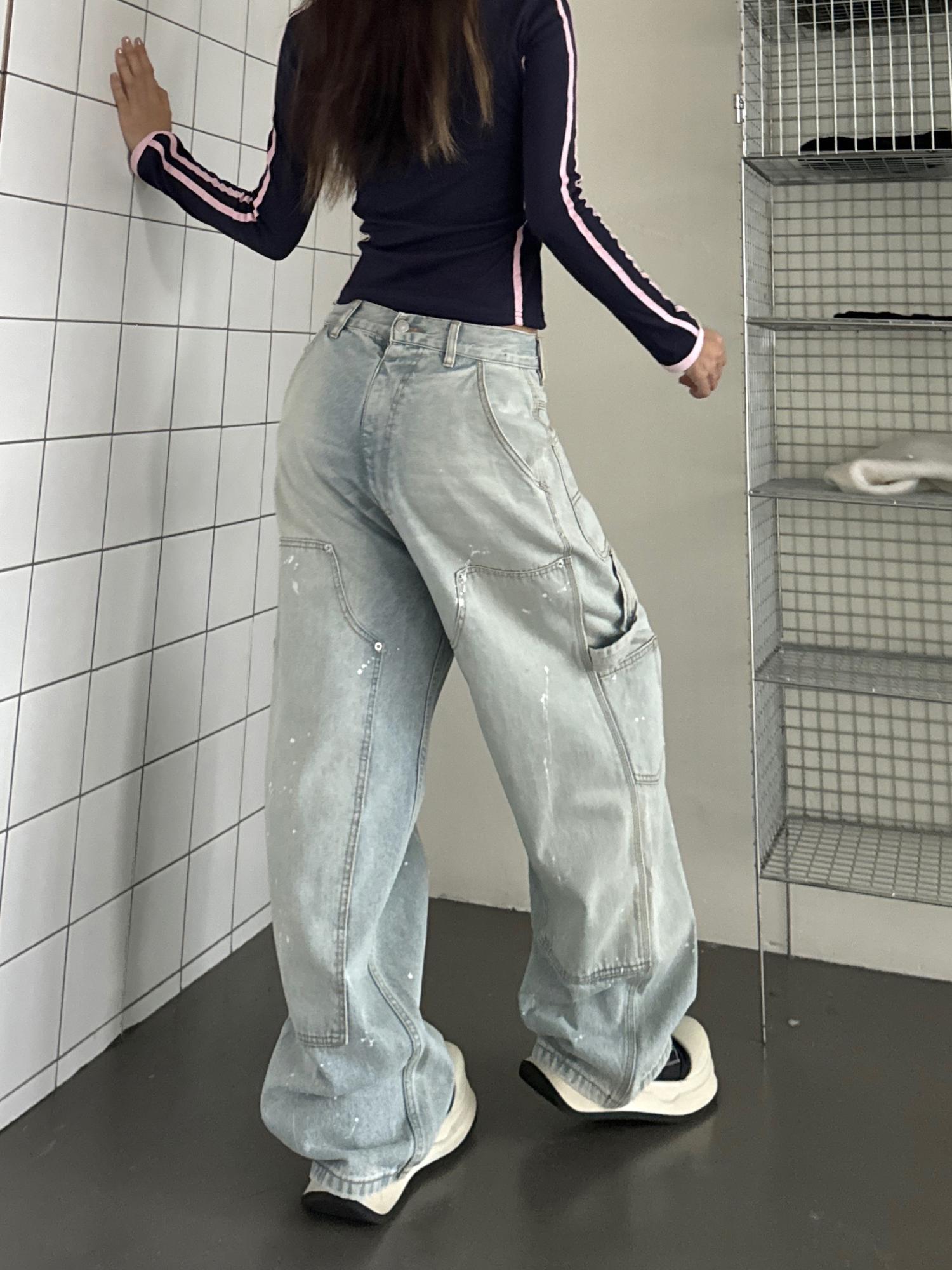 Vintage High Street Reversible Multi-Pocket Jeans with Splatter Design - Retro 90s Style for a Chic Summer Look Vintage High Street Reversible Multi-Pocket Jeans with Splatter Design - Retro 90s Style for a Chic Summer Look