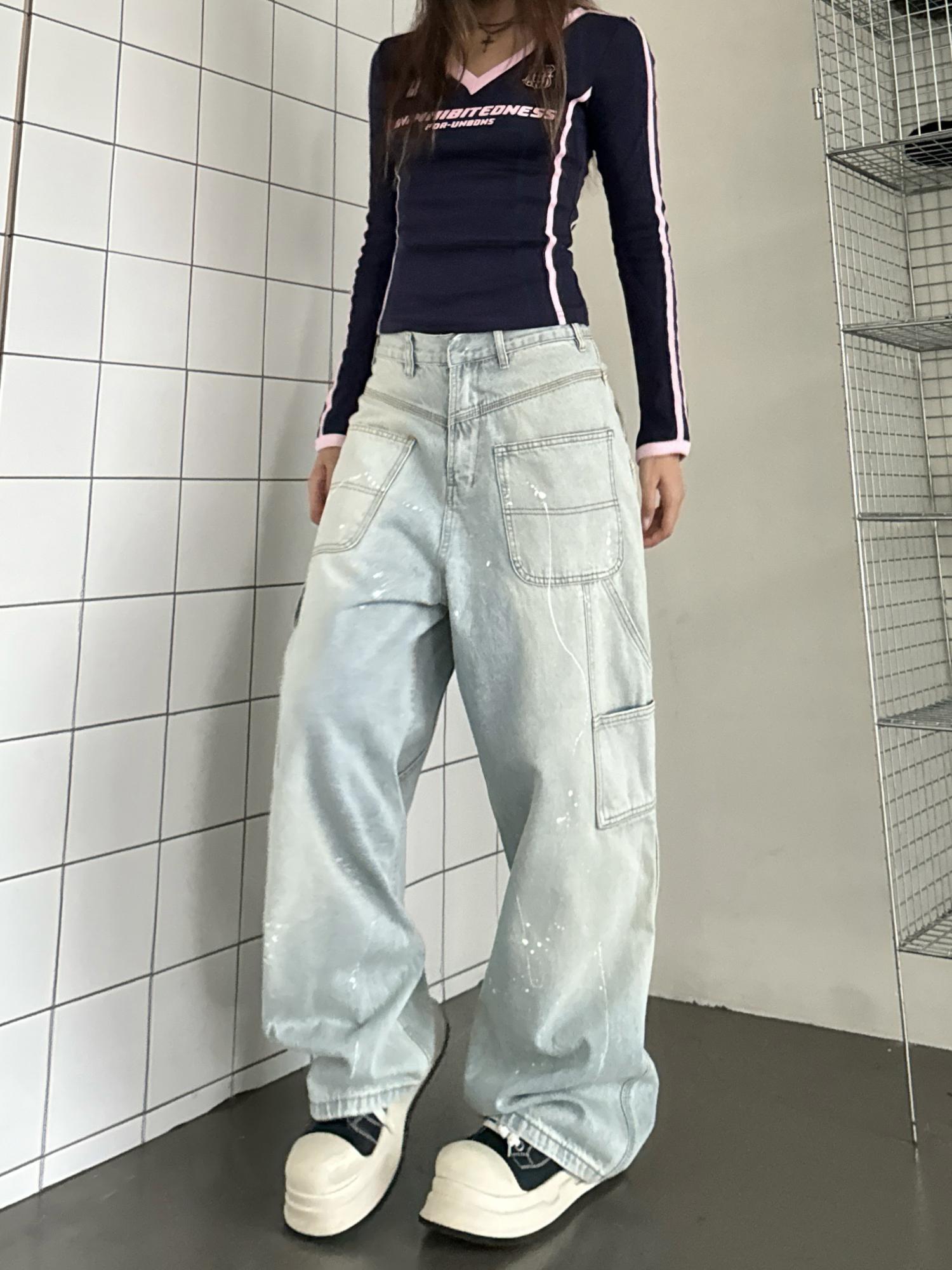 Vintage High Street Reversible Multi-Pocket Jeans with Splatter Design - Retro 90s Style for a Chic Summer Look Vintage High Street Reversible Multi-Pocket Jeans with Splatter Design - Retro 90s Style for a Chic Summer Look