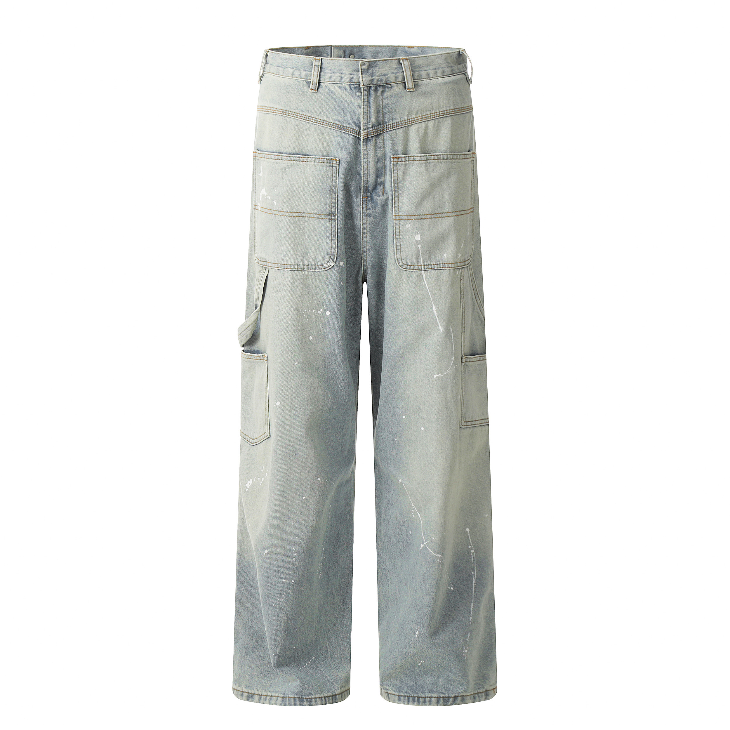 Vintage High Street Reversible Multi-Pocket Jeans with Splatter Design - Retro 90s Style for a Chic Summer Look