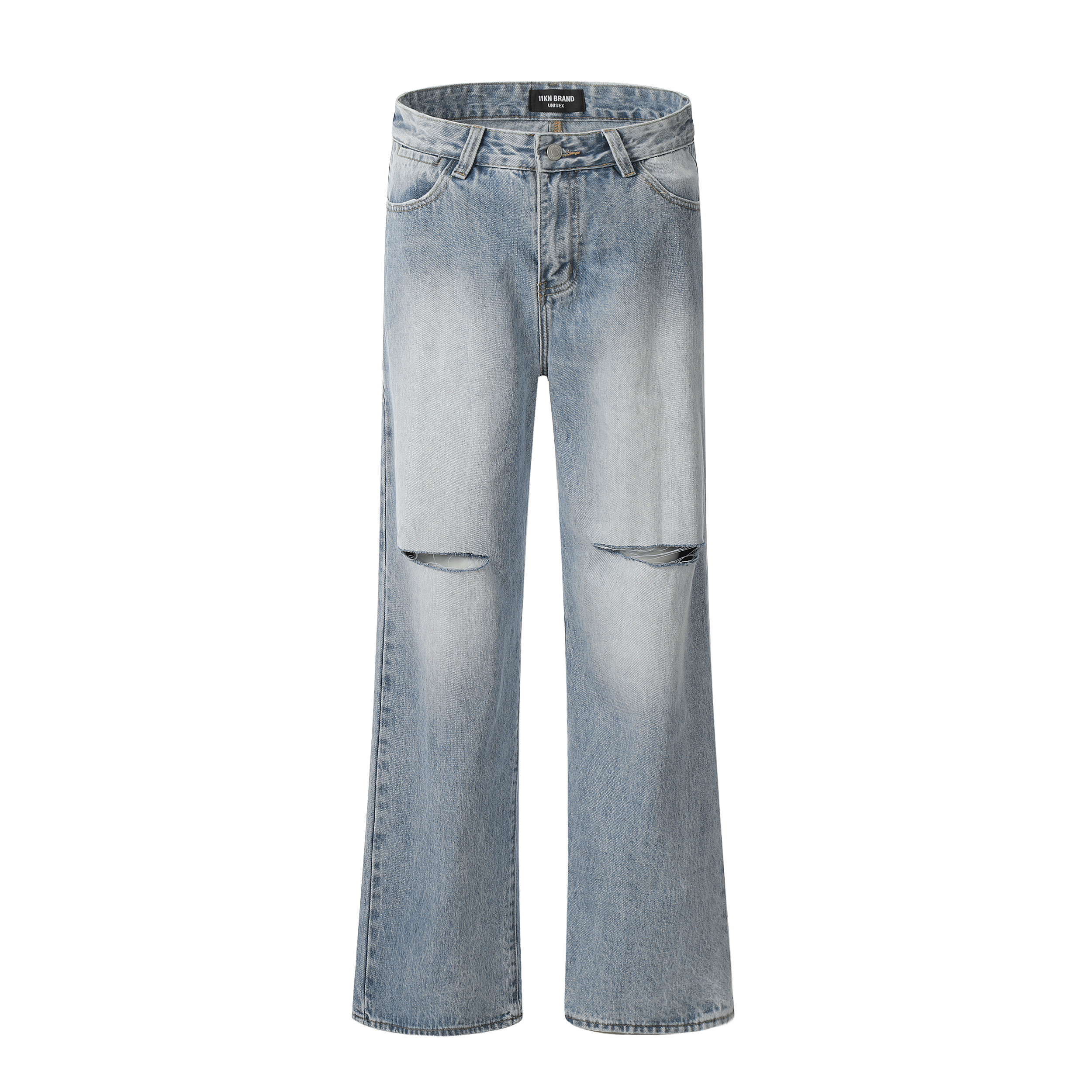 Vintage High Street Ripped Straight-Leg Wide-Leg Washed Blue Jeans for Spring-Summer Fashion, Loose Fit Floor-Length Pants