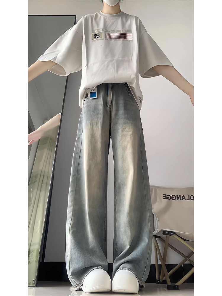 Vintage High-Waisted Loose-Fit Wide-Leg Distressed Denim Pants for Women - Summer American Retro Floor-Length Slimming Style