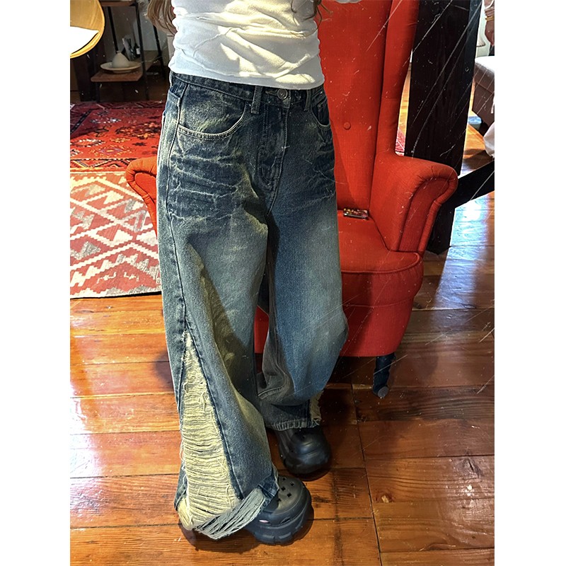 Vintage High-Waisted Loose Heavy-Duty Ripped Jeans for Women - Versatile Wide-Leg Casual Pants in Y2K Style Vintage High-Waisted Loose Heavy-Duty Ripped Jeans for Women - Versatile Wide-Leg Casual Pants in Y2K Style