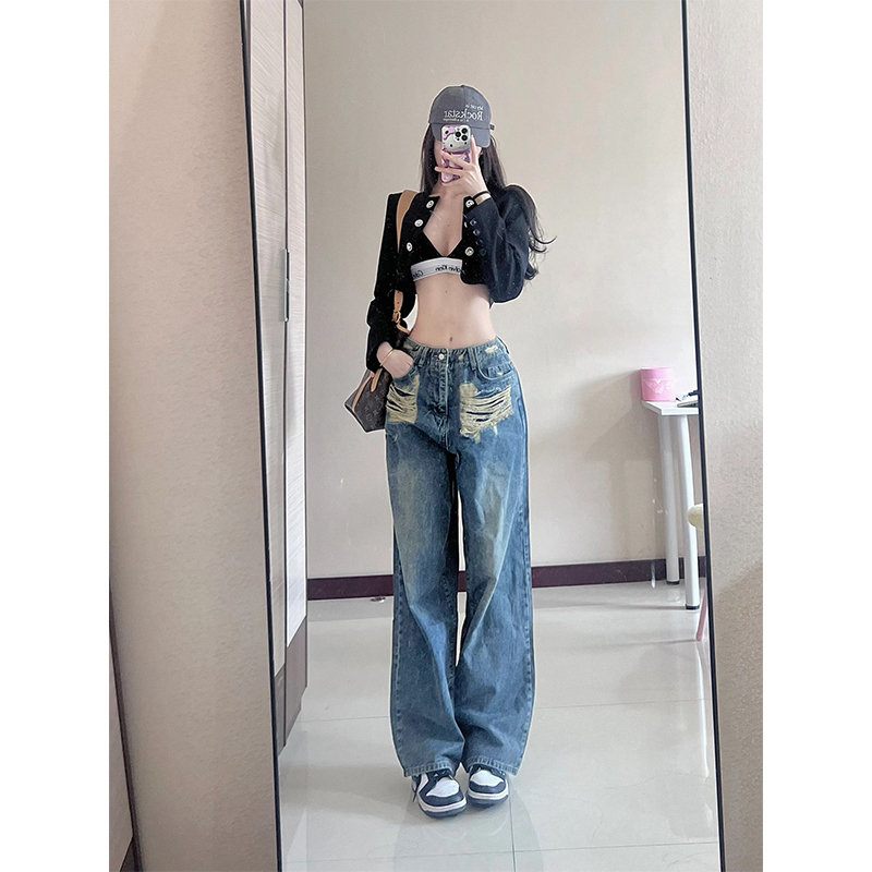 Vintage High-Waisted Ripped Jeans for Women - Eccentric Loose Fit Slimming Distressed Wide-Leg Pants - 90s Inspired Fashion
