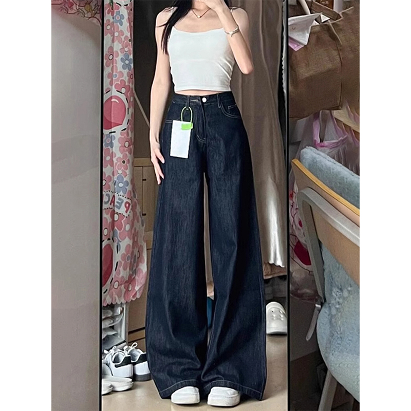 Vintage High-Waisted Wide-Leg Jeans for Women - Denim Blue Loose Fit Summer Pants with Slimming Drape, Floor-Length Style