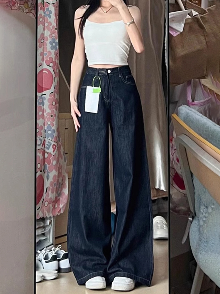 Vintage High-Waisted Wide-Leg Jeans for Women - Denim Blue Loose Fit Summer Pants with Slimming Drape, Floor-Length Style