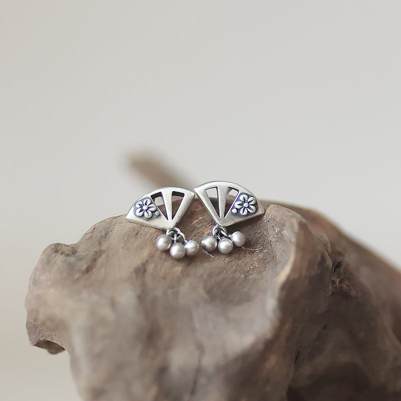 Vintage Hollowed-Out Plum Blossom Print Silver 925 Chinese Style Earrings with Tassels and Round Balls for Boho Chic Look