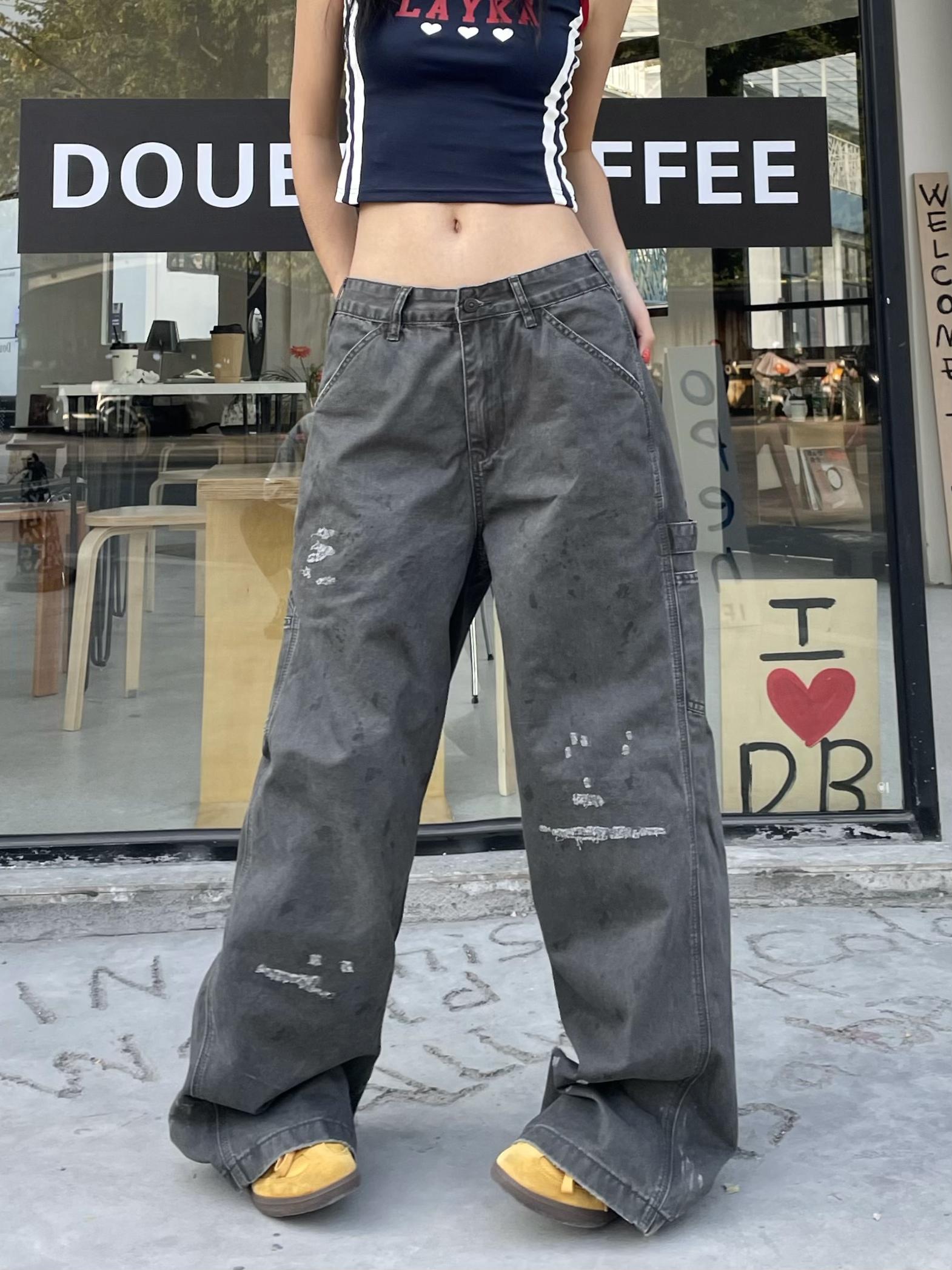 Vintage Ink Splash Work Pants - Retro American Street Style Loose Straight Casual Trousers for 90s Inspired Fashion Vintage Ink Splash Work Pants - Retro American Street Style Loose Straight Casual Trousers for 90s Inspired Fashion