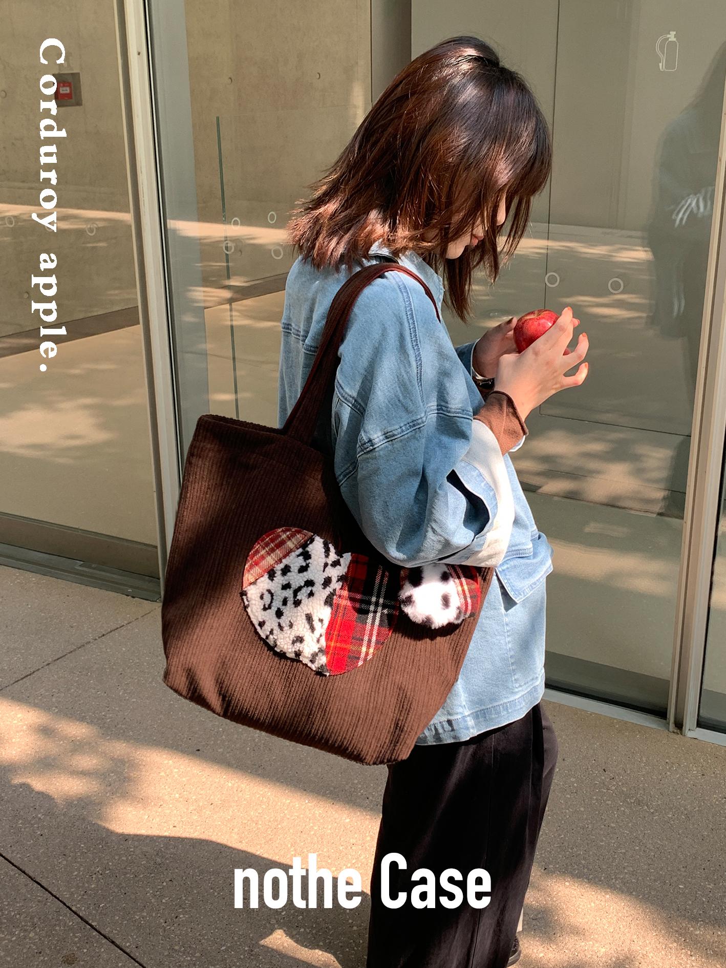 Vintage-Inspired Cute Apple Shoulder Bag - Large Capacity Corduroy Tote for Y2K Style Fashion Vintage-Inspired Cute Apple Shoulder Bag - Large Capacity Corduroy Tote for Y2K Style Fashion