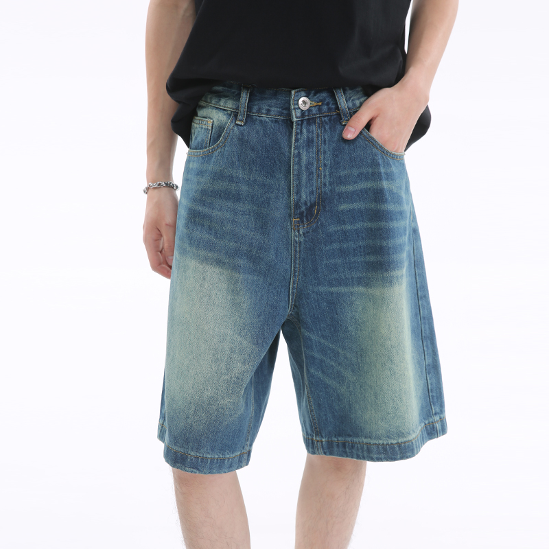 Vintage-Inspired Dark Blue Denim Shorts for Summer - Distressed Loose Fit Straight-Leg Five-Point Casual Style