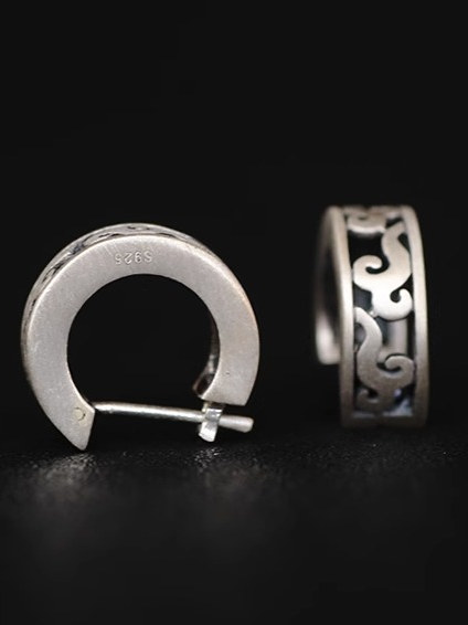 Vintage-Inspired Tribal Hollow Wide Earrings in 925 Sterling Silver with Antique Finish and Intricate Cloud Designs Vintage-Inspired Tribal Hollow Wide Earrings in 925 Sterling Silver with Antique Finish and Intricate Cloud Designs