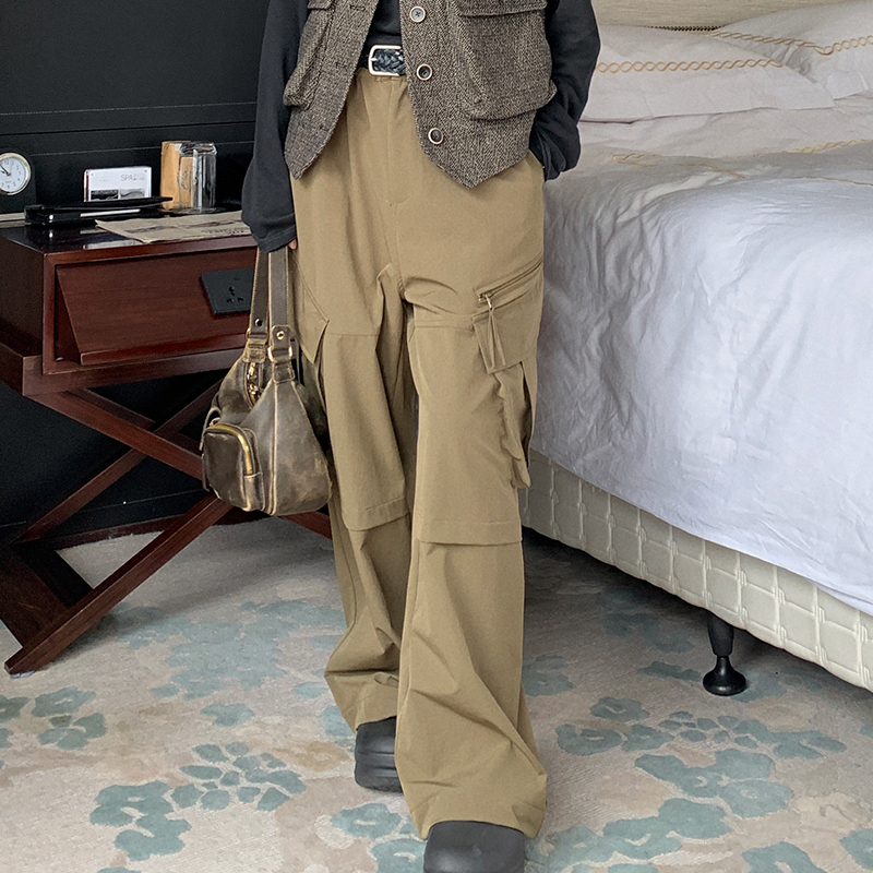 Vintage-Inspired Women's Casual Wide-Leg Workwear Pants with Loose Fit and Slanted Pockets, Trendy Parachute Style