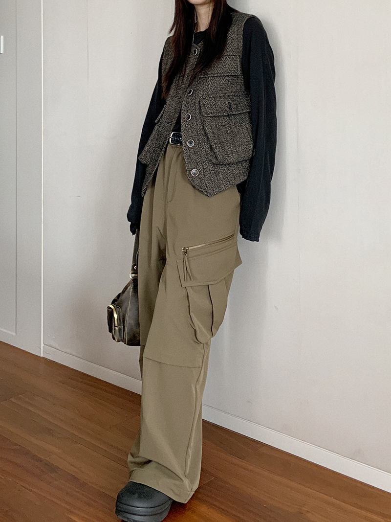 Vintage-Inspired Women's Casual Wide-Leg Workwear Pants with Loose Fit and Slanted Pockets, Trendy Parachute Style Vintage-Inspired Women's Casual Wide-Leg Workwear Pants with Loose Fit and Slanted Pockets, Trendy Parachute Style