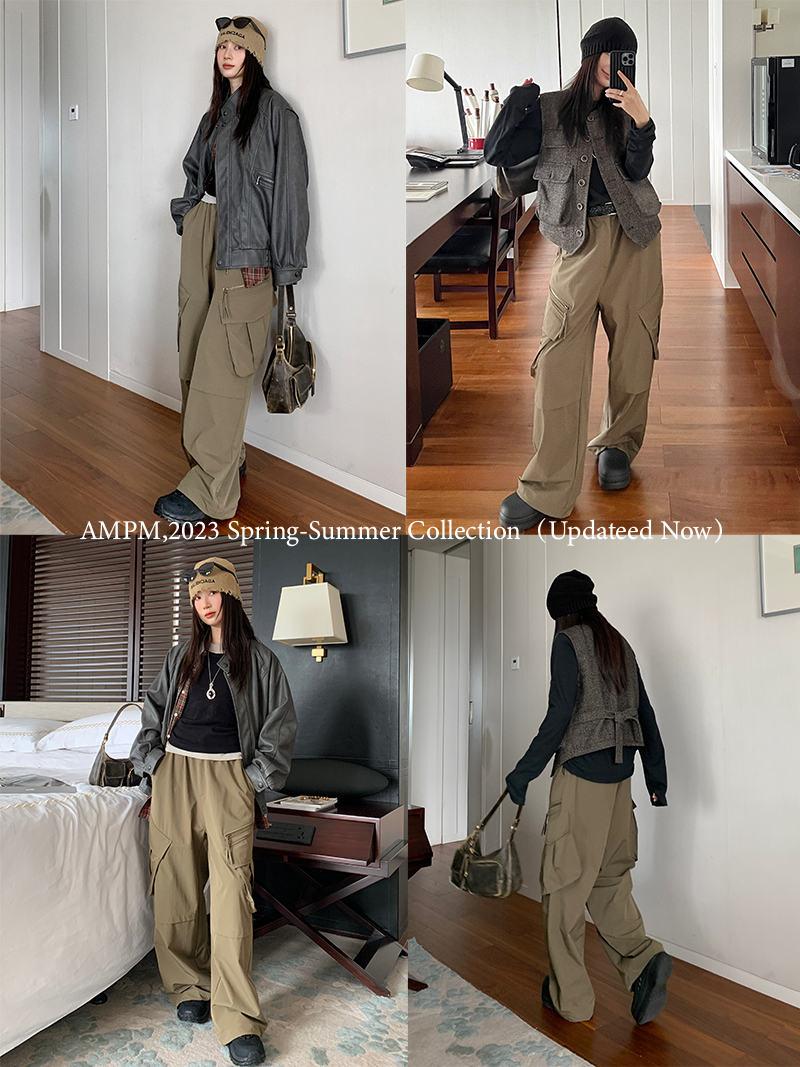 Vintage-Inspired Women's Casual Wide-Leg Workwear Pants with Loose Fit and Slanted Pockets, Trendy Parachute Style Vintage-Inspired Women's Casual Wide-Leg Workwear Pants with Loose Fit and Slanted Pockets, Trendy Parachute Style