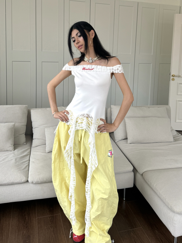 Vintage Lace Splicing One-Shoulder Tank Top with Fringe Design - Slim Fit, Flattering Style, Perfect for 90s and Y2K Fashion Trends Vintage Lace Splicing One-Shoulder Tank Top with Fringe Design - Slim Fit, Flattering Style, Perfect for 90s and Y2K Fashion Trends