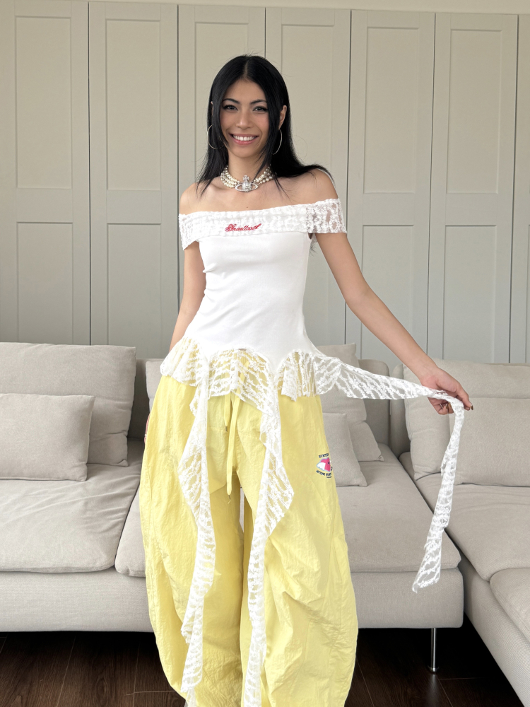 Vintage Lace Splicing One-Shoulder Tank Top with Fringe Design - Slim Fit, Flattering Style, Perfect for 90s and Y2K Fashion Trends Vintage Lace Splicing One-Shoulder Tank Top with Fringe Design - Slim Fit, Flattering Style, Perfect for 90s and Y2K Fashion Trends