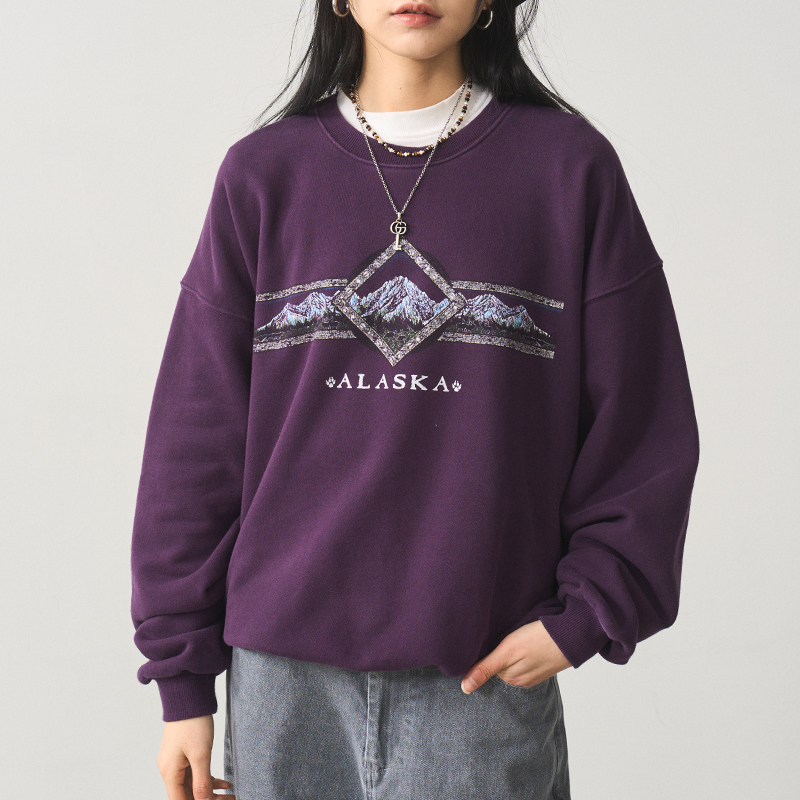 Vintage Letter Print Round Neck Sweatshirt for Women - Purple Loose Fit Versatile Pullover Top, Perfect for Y2K Style