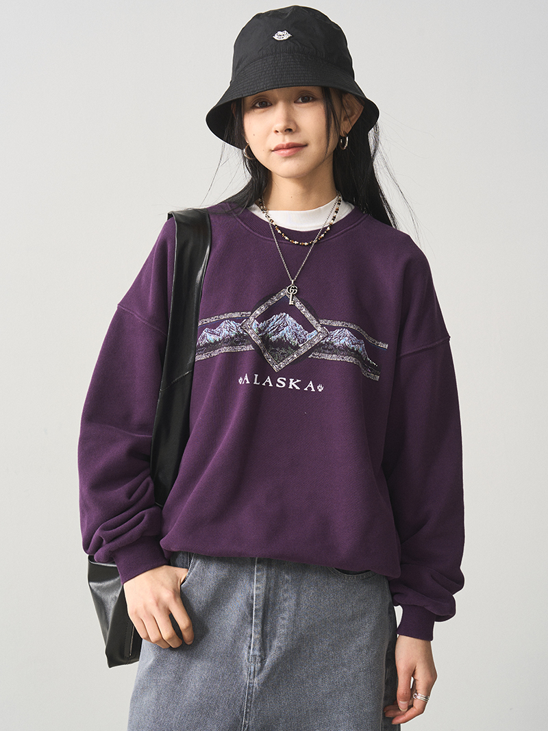 Vintage Letter Print Round Neck Sweatshirt for Women - Purple Loose Fit Versatile Pullover Top, Perfect for Y2K Style