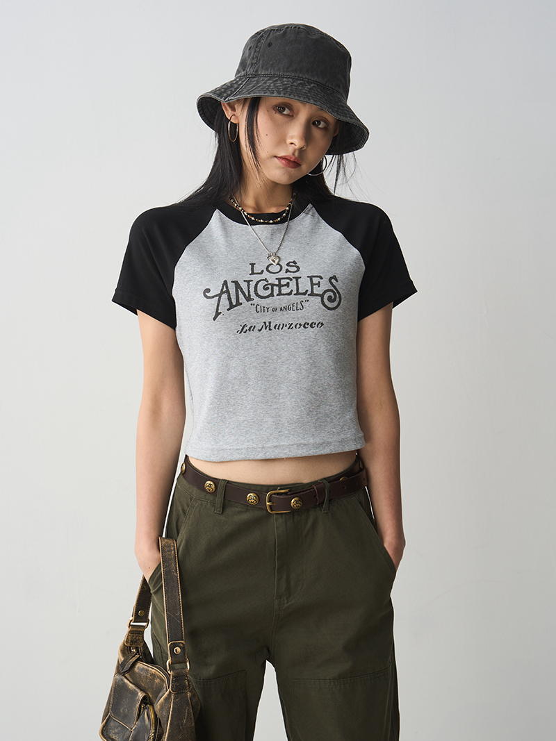 Vintage Letter Print Short Sleeve T-Shirt for Women - 2025 Summer Black Gray Raglan Slim Fit Tee, Y2K Style Fashion Top Vintage Letter Print Short Sleeve T-Shirt for Women - 2025 Summer Black Gray Raglan Slim Fit Tee, Y2K Style Fashion Top