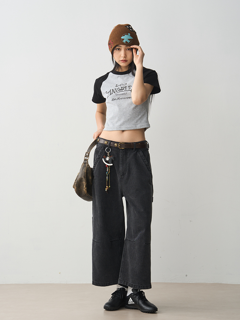 Vintage Letter Print Short Sleeve T-Shirt for Women - 2025 Summer Black Gray Raglan Slim Fit Tee, Y2K Style Fashion Top Vintage Letter Print Short Sleeve T-Shirt for Women - 2025 Summer Black Gray Raglan Slim Fit Tee, Y2K Style Fashion Top