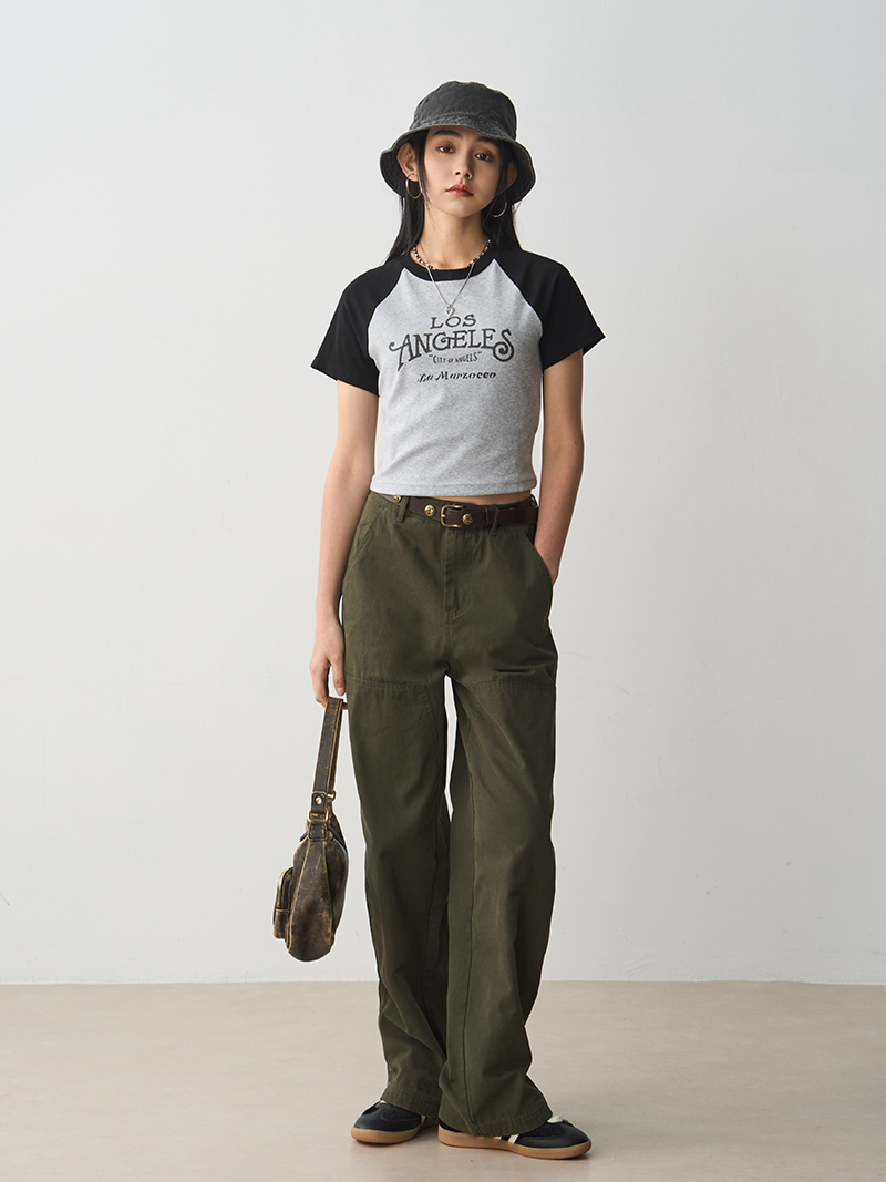 Vintage Letter Print Short Sleeve T-Shirt for Women - 2025 Summer Black Gray Raglan Slim Fit Tee, Y2K Style Fashion Top Vintage Letter Print Short Sleeve T-Shirt for Women - 2025 Summer Black Gray Raglan Slim Fit Tee, Y2K Style Fashion Top