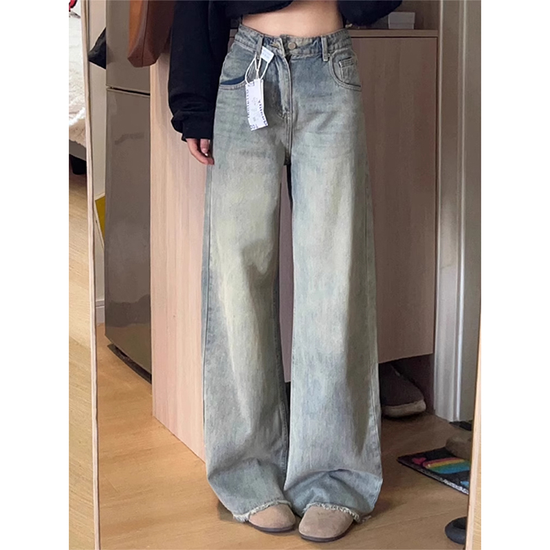 Vintage Light-Colored Wide-Leg Jeans for Women - High-Waisted, Loose Fit, Slimming, Frayed Hem, Summer Style, Floor-Length Pants