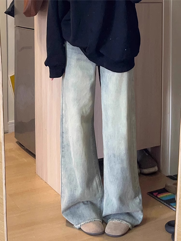 Vintage Light-Colored Wide-Leg Jeans for Women - High-Waisted, Loose Fit, Slimming, Frayed Hem, Summer Style, Floor-Length Pants