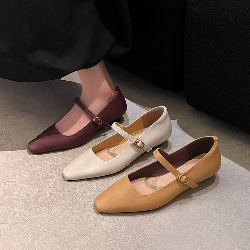 Vintage Milk Apricot Sheepskin Low-Heeled Flat Mary Jane Shoes for Women - Comfortable Small Square Toe Style Vintage Milk Apricot Sheepskin Low-Heeled Flat Mary Jane Shoes for Women - Comfortable Small Square Toe Style