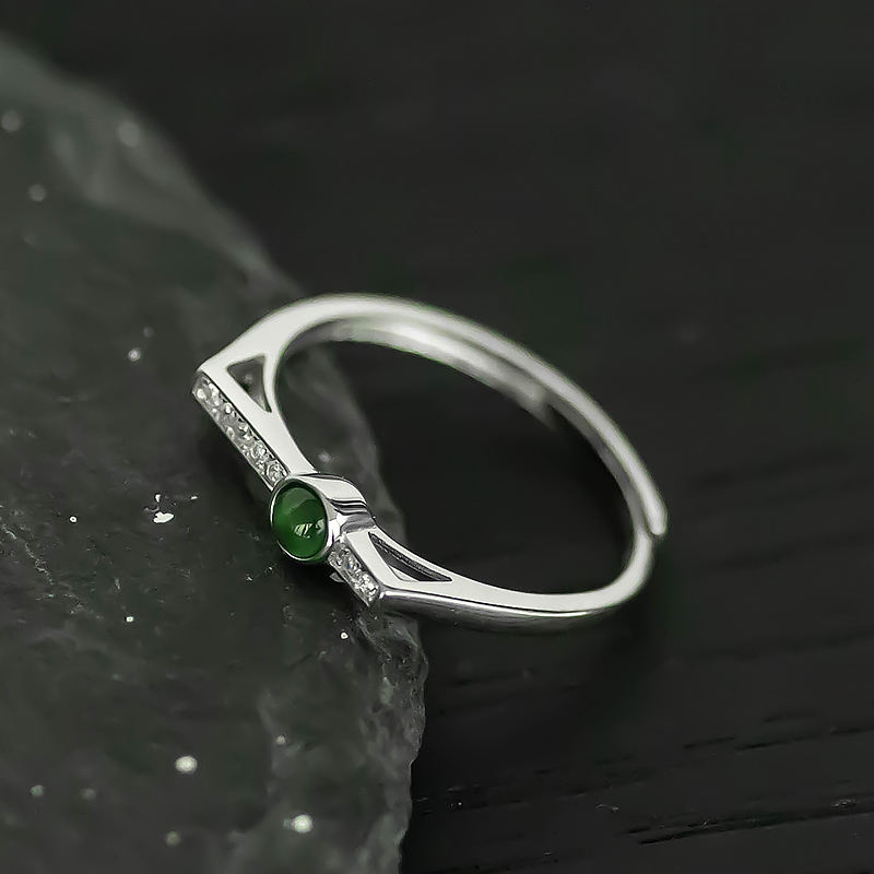 Vintage Minimalist S925 Pure Silver One-Word Inlaid Zircon Green Jade Ring - National Style Open Design, Fresh Aesthetic Vintage Minimalist S925 Pure Silver One-Word Inlaid Zircon Green Jade Ring - National Style Open Design, Fresh Aesthetic