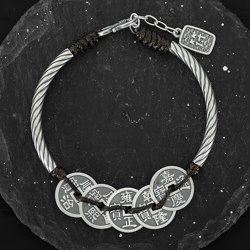 Vintage National Style Solid Silver 999 Five Emperors Coin Bracelet - Handmade Woven Design, Meaningful Trendy Accessory
