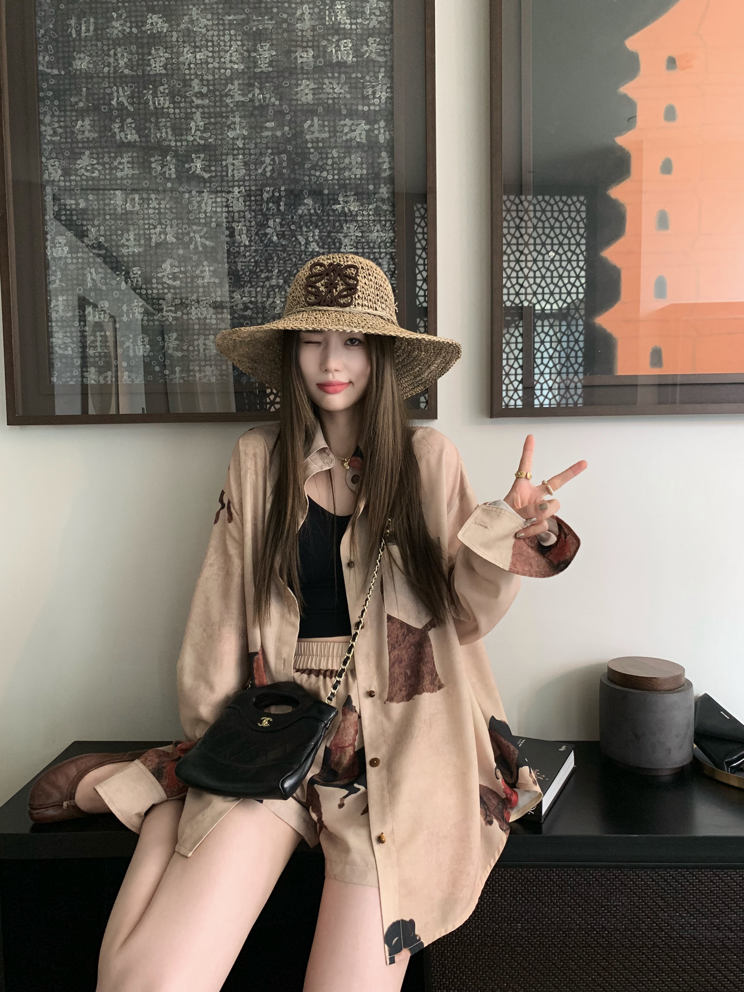 Vintage Oil Painting Print Long Sleeve Shirt and Straight Leg Shorts Set - Y2K Aesthetic Fashion Outfit Vintage Oil Painting Print Long Sleeve Shirt and Straight Leg Shorts Set - Y2K Aesthetic Fashion Outfit