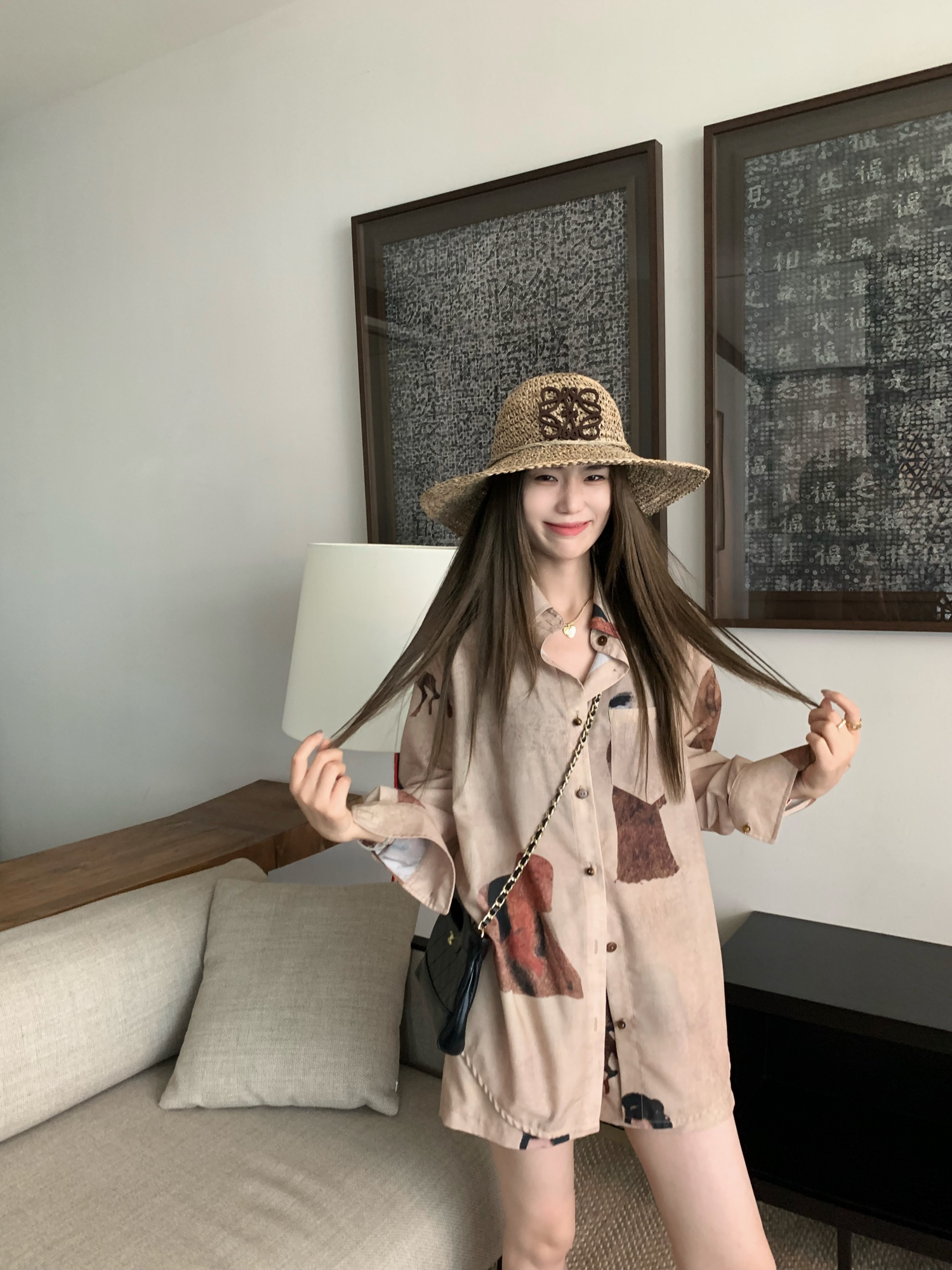 Vintage Oil Painting Print Long Sleeve Shirt and Straight Leg Shorts Set - Y2K Aesthetic Fashion Outfit Vintage Oil Painting Print Long Sleeve Shirt and Straight Leg Shorts Set - Y2K Aesthetic Fashion Outfit