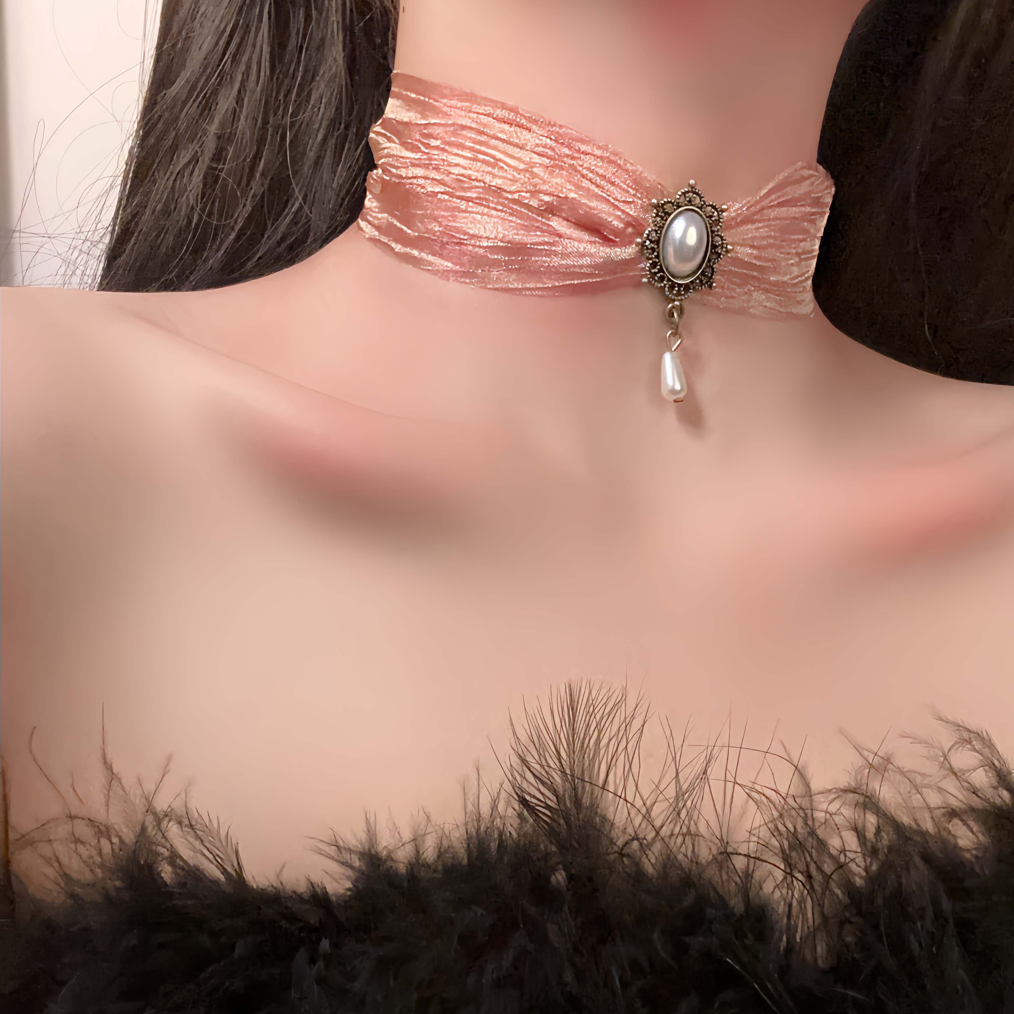 Vintage Palace Style Pearl Pendant Necklace, Sheer Silk Ethnic Choker, Elegant Neck Chain Jewelry Vintage Palace Style Pearl Pendant Necklace, Sheer Silk Ethnic Choker, Elegant Neck Chain Jewelry