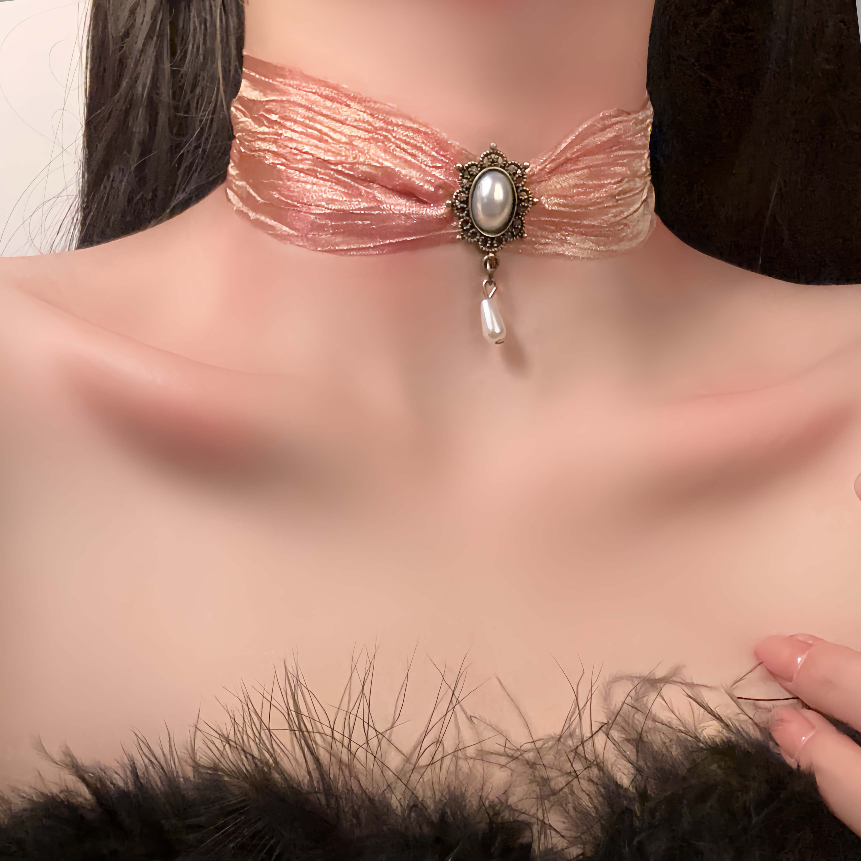 Vintage Palace Style Pearl Pendant Necklace, Sheer Silk Ethnic Choker, Elegant Neck Chain Jewelry