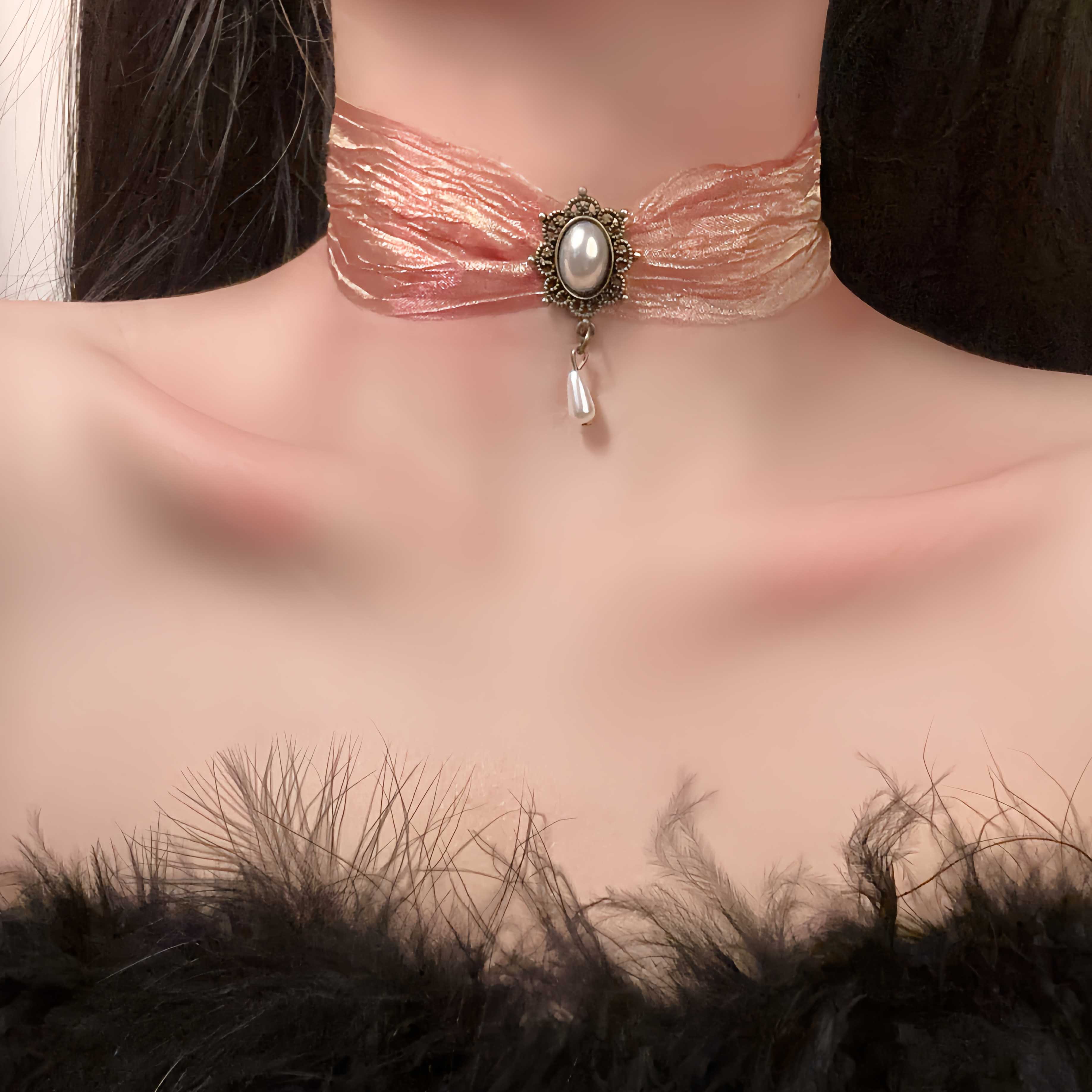 Vintage Palace Style Pearl Pendant Necklace, Sheer Silk Ethnic Choker, Elegant Neck Chain Jewelry