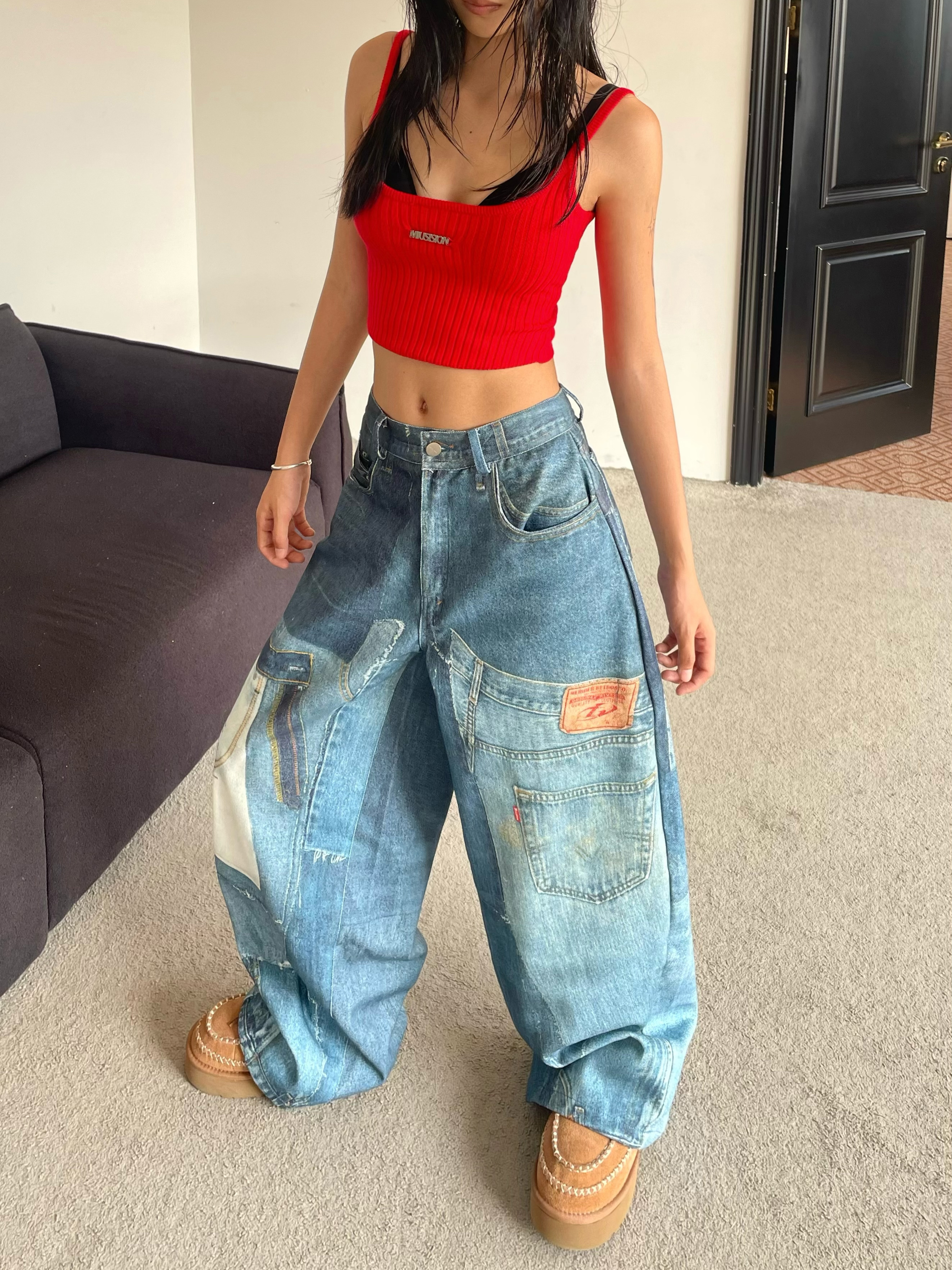 Vintage Patchwork Printed Denim Pants - Oversized Loose Wide-Leg Hip-Hop Style for High Street Fashion Vintage Patchwork Printed Denim Pants - Oversized Loose Wide-Leg Hip-Hop Style for High Street Fashion