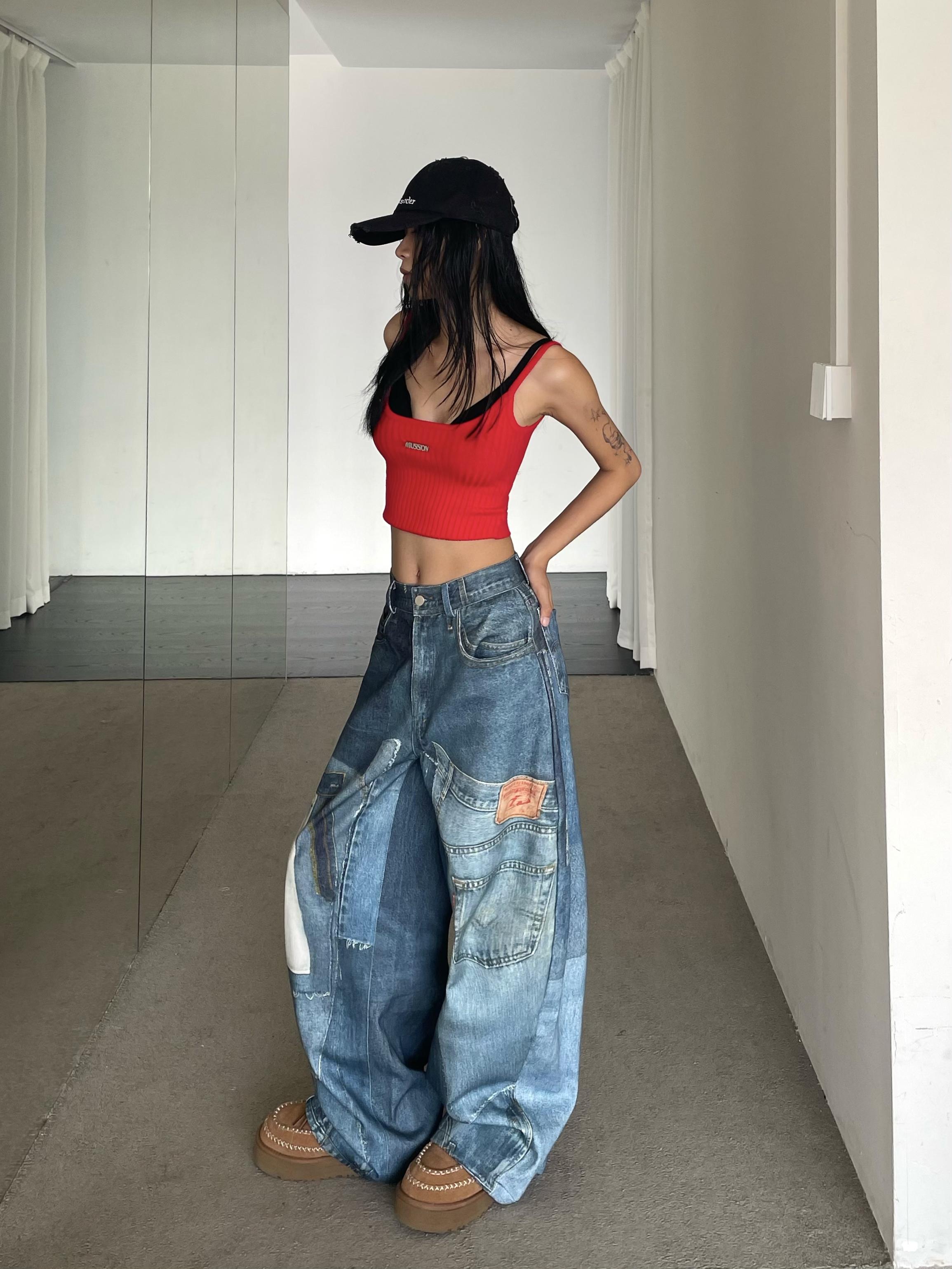 Vintage Patchwork Printed Denim Pants - Oversized Loose Wide-Leg Hip-Hop Style for High Street Fashion Vintage Patchwork Printed Denim Pants - Oversized Loose Wide-Leg Hip-Hop Style for High Street Fashion