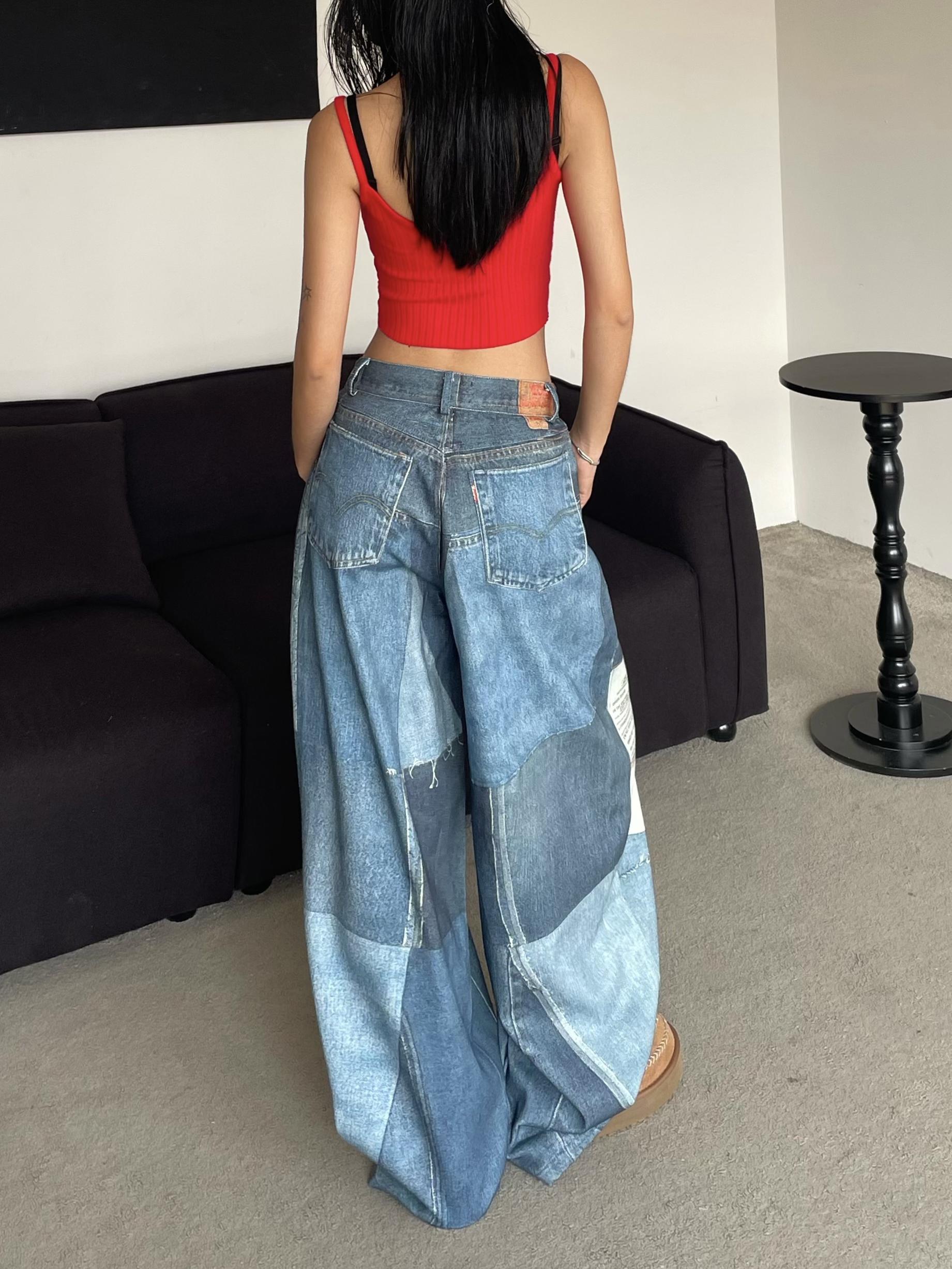 Vintage Patchwork Printed Denim Pants - Oversized Loose Wide-Leg Hip-Hop Style for High Street Fashion Vintage Patchwork Printed Denim Pants - Oversized Loose Wide-Leg Hip-Hop Style for High Street Fashion