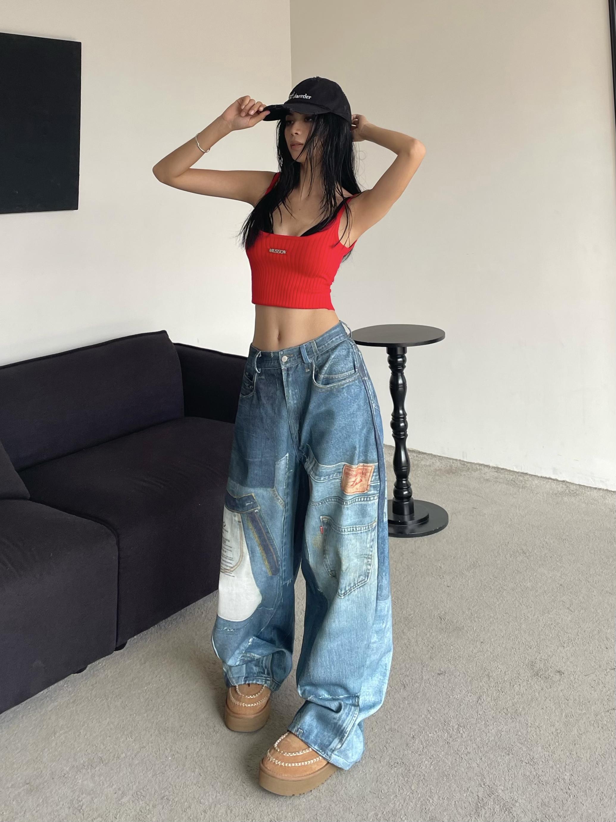 Vintage Patchwork Printed Denim Pants - Oversized Loose Wide-Leg Hip-Hop Style for High Street Fashion Vintage Patchwork Printed Denim Pants - Oversized Loose Wide-Leg Hip-Hop Style for High Street Fashion
