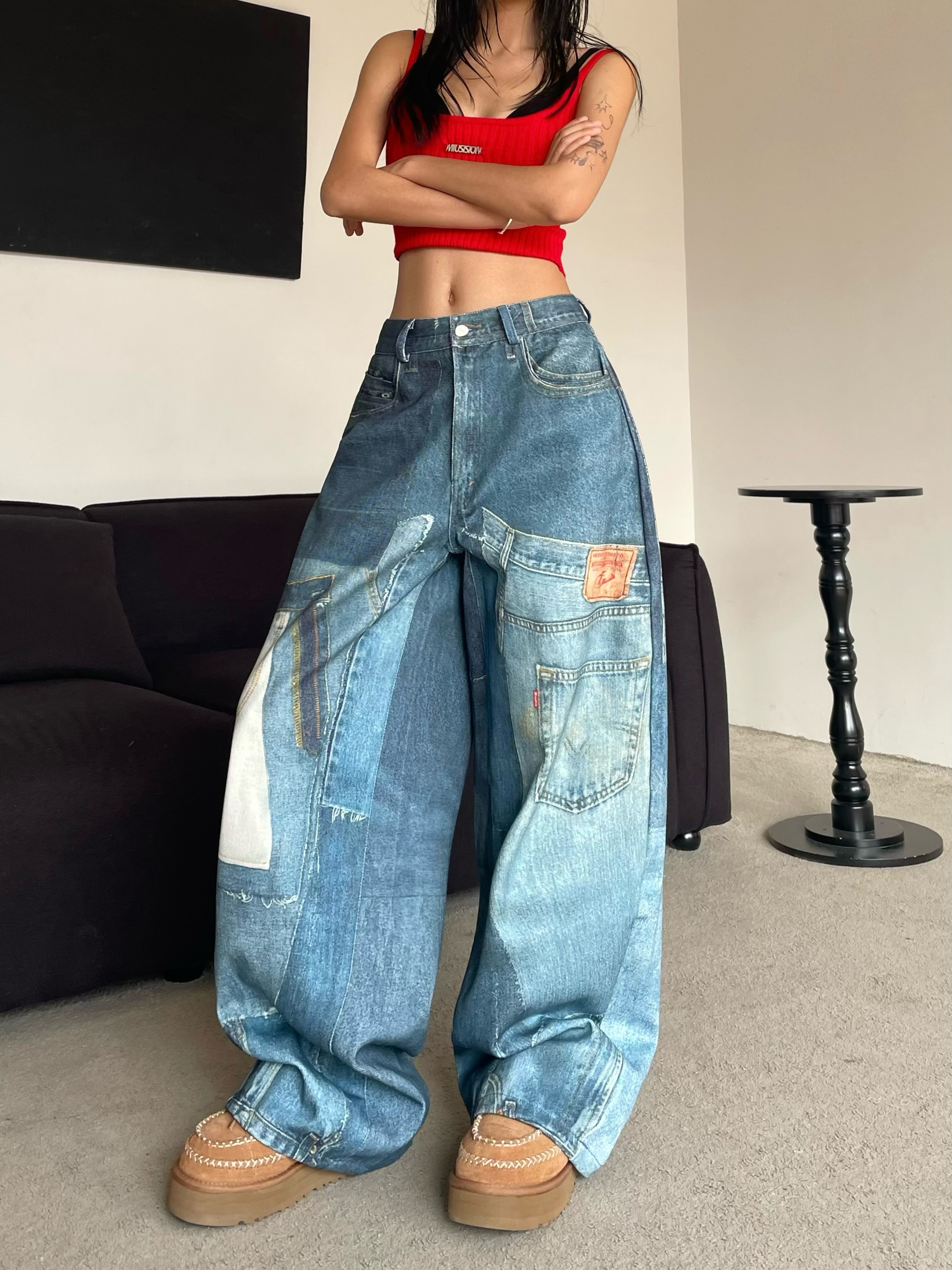 Vintage Patchwork Printed Denim Pants - Oversized Loose Wide-Leg Hip-Hop Style for High Street Fashion