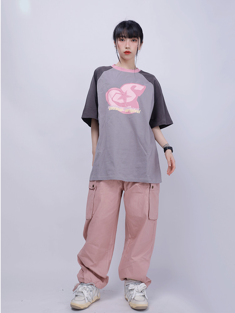 Vintage Pink Raglan Short Sleeve T-Shirt for Women - Sweet Spicy Jazz Loose Dance Top - Y2K American Style Vintage Pink Raglan Short Sleeve T-Shirt for Women - Sweet Spicy Jazz Loose Dance Top - Y2K American Style