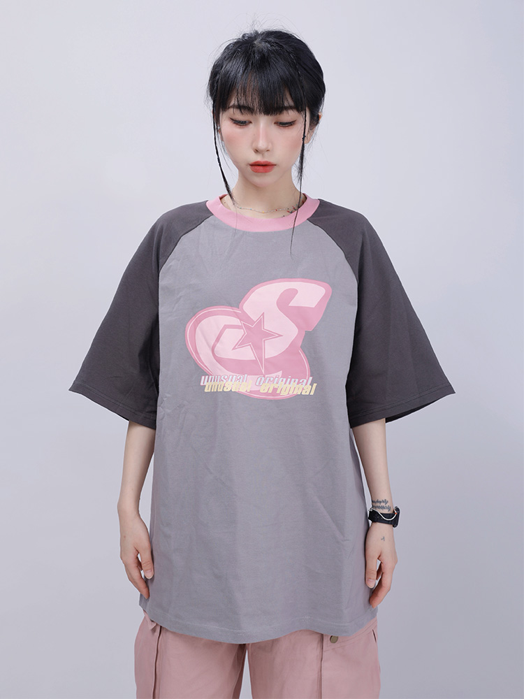 Vintage Pink Raglan Short Sleeve T-Shirt for Women - Sweet Spicy Jazz Loose Dance Top - Y2K American Style Vintage Pink Raglan Short Sleeve T-Shirt for Women - Sweet Spicy Jazz Loose Dance Top - Y2K American Style