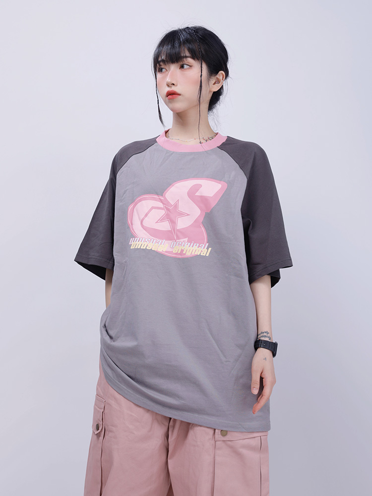 Vintage Pink Raglan Short Sleeve T-Shirt for Women - Sweet Spicy Jazz Loose Dance Top - Y2K American Style Vintage Pink Raglan Short Sleeve T-Shirt for Women - Sweet Spicy Jazz Loose Dance Top - Y2K American Style