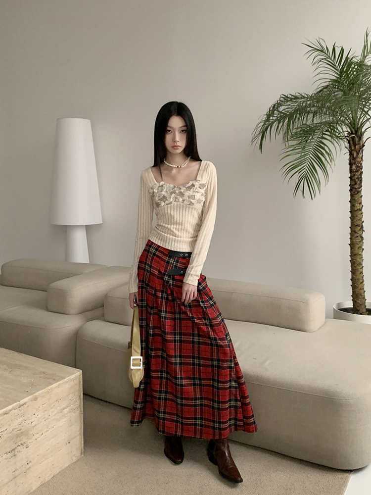 Vintage Plaid Split Hem Skirt - Eccentric Autumn Trendy Casual Versatile Slimming Pleated Long Skirt for 90s Inspired Style