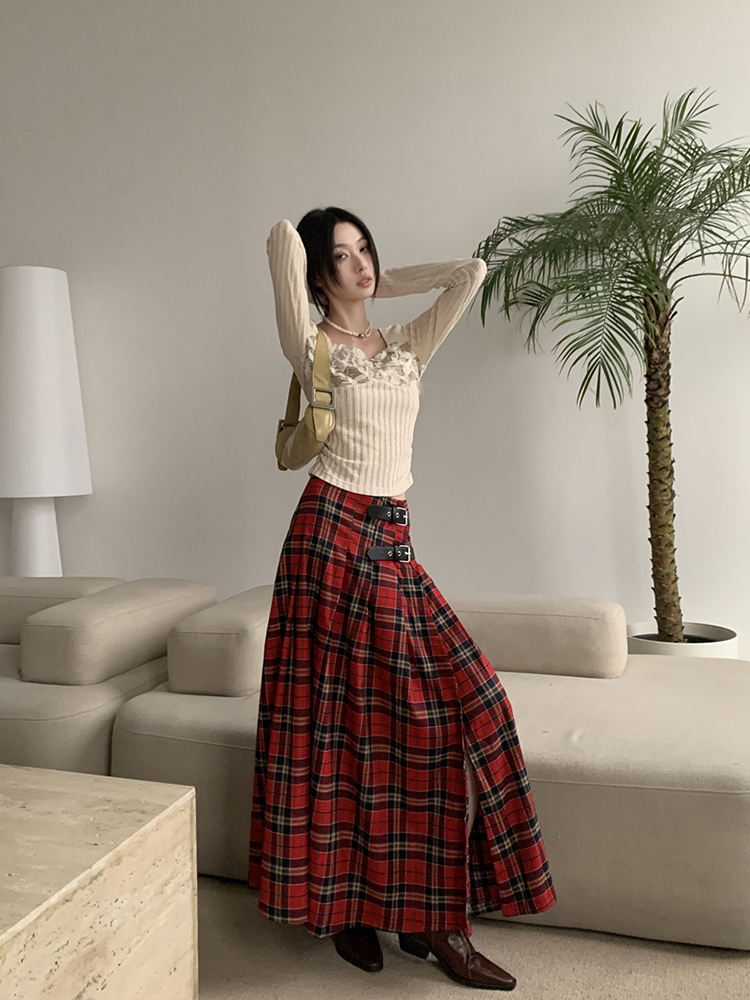 Vintage Plaid Split Hem Skirt - Eccentric Autumn Trendy Casual Versatile Slimming Pleated Long Skirt for 90s Inspired Style Vintage Plaid Split Hem Skirt - Eccentric Autumn Trendy Casual Versatile Slimming Pleated Long Skirt for 90s Inspired Style