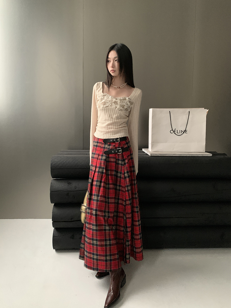 Vintage Plaid Split Hem Skirt - Eccentric Autumn Trendy Casual Versatile Slimming Pleated Long Skirt for 90s Inspired Style Vintage Plaid Split Hem Skirt - Eccentric Autumn Trendy Casual Versatile Slimming Pleated Long Skirt for 90s Inspired Style