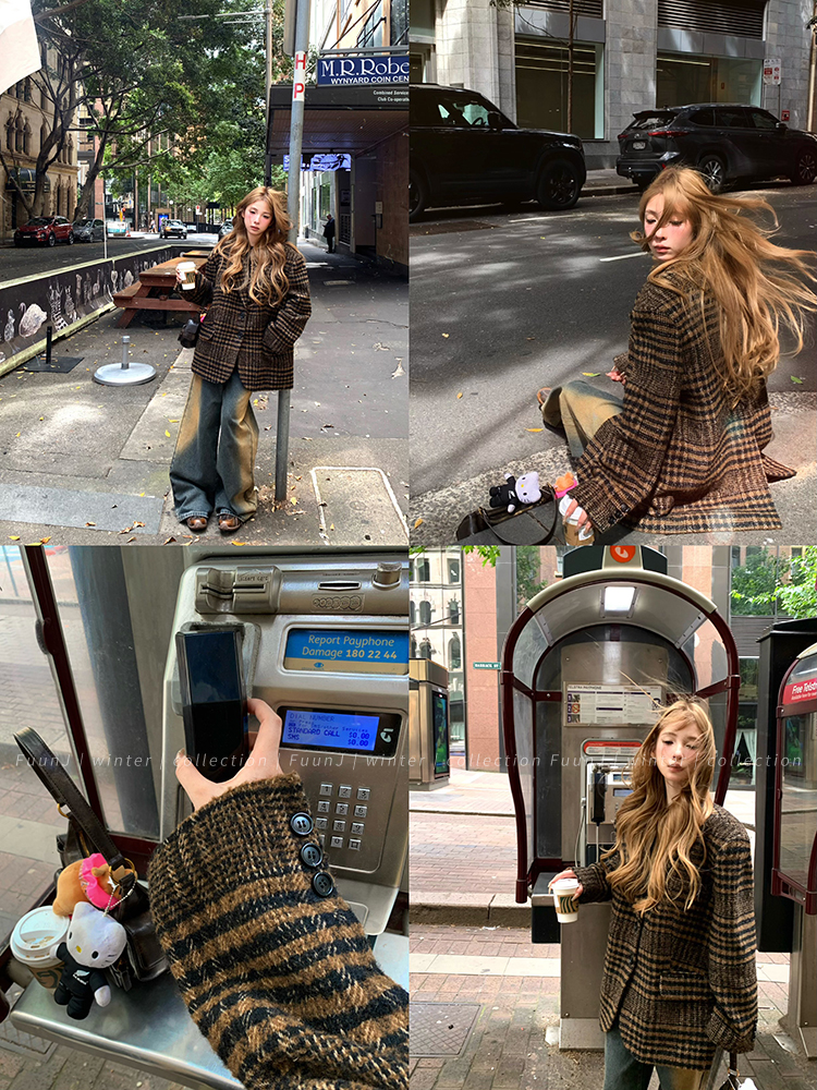 Vintage Plaid Wool Padded Suit Jacket for Women - Oversized Old Money Style Woolen Top Vintage Plaid Wool Padded Suit Jacket for Women - Oversized Old Money Style Woolen Top