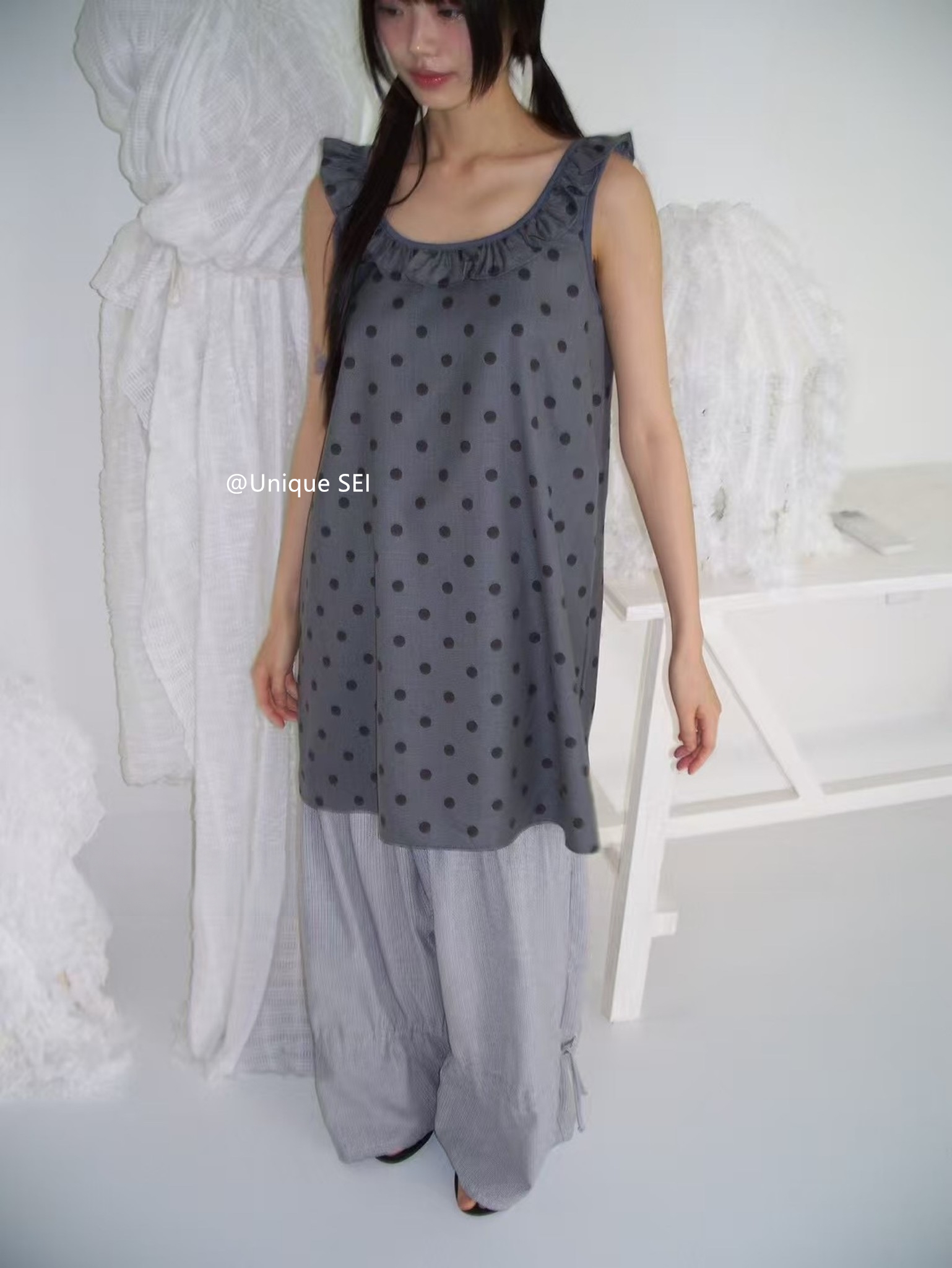 Vintage Polka Dot Lace-Up Sleeveless Camisole Dress for Girls - Casual Loose Fit, Sweet Style, Perfect for 90s and Y2K Fashion Vintage Polka Dot Lace-Up Sleeveless Camisole Dress for Girls - Casual Loose Fit, Sweet Style, Perfect for 90s and Y2K Fashion